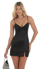 Satin Front Bow Dress in Black