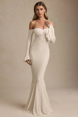 Off-Shoulder Ruffle Lace Maxi Dress in Ivory