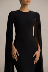 Briony | Black Crew-Neck Maxi Dress With Cape Sleeves