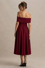 Isabella | Burgundy Bardot-Neck Midi Dress