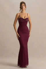 Juana | Burgundy Lace And Satin Sweetheart-Neck Satin Maxi Dress