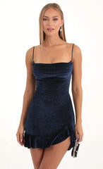 Kailani Velvet Glitter Cowl Neck Dress in Blue