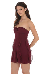 Chiffon Rosette Ruffle Dress in Burgundy