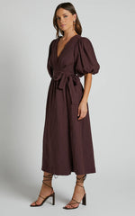 Amalie The Label - Franc Linen Puff Sleeve Wrap Midi Linen Dress