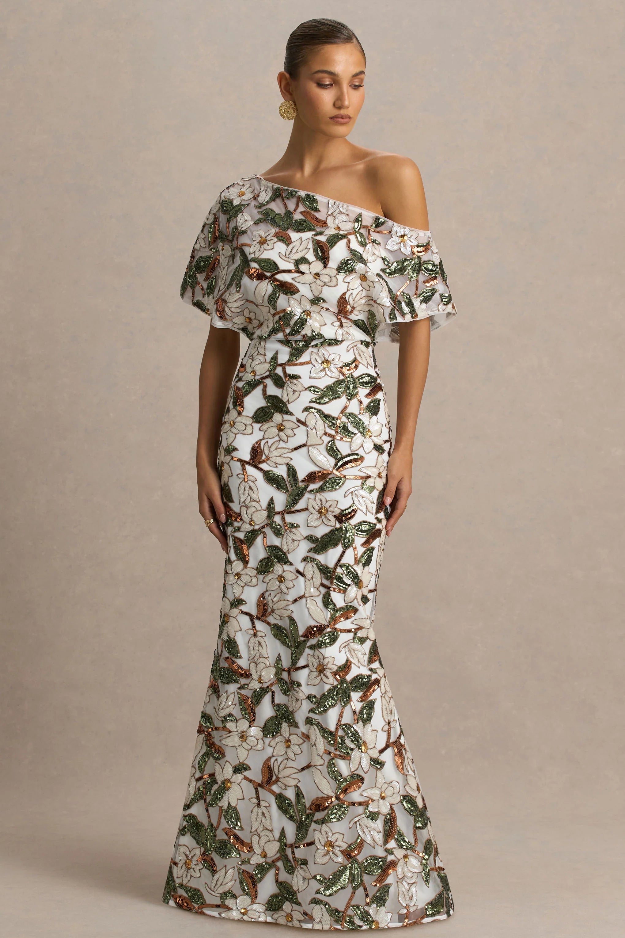 Iony | White And Green Embellished Sequin Floral And Mesh Asymmetric-Neck Maxi Dress