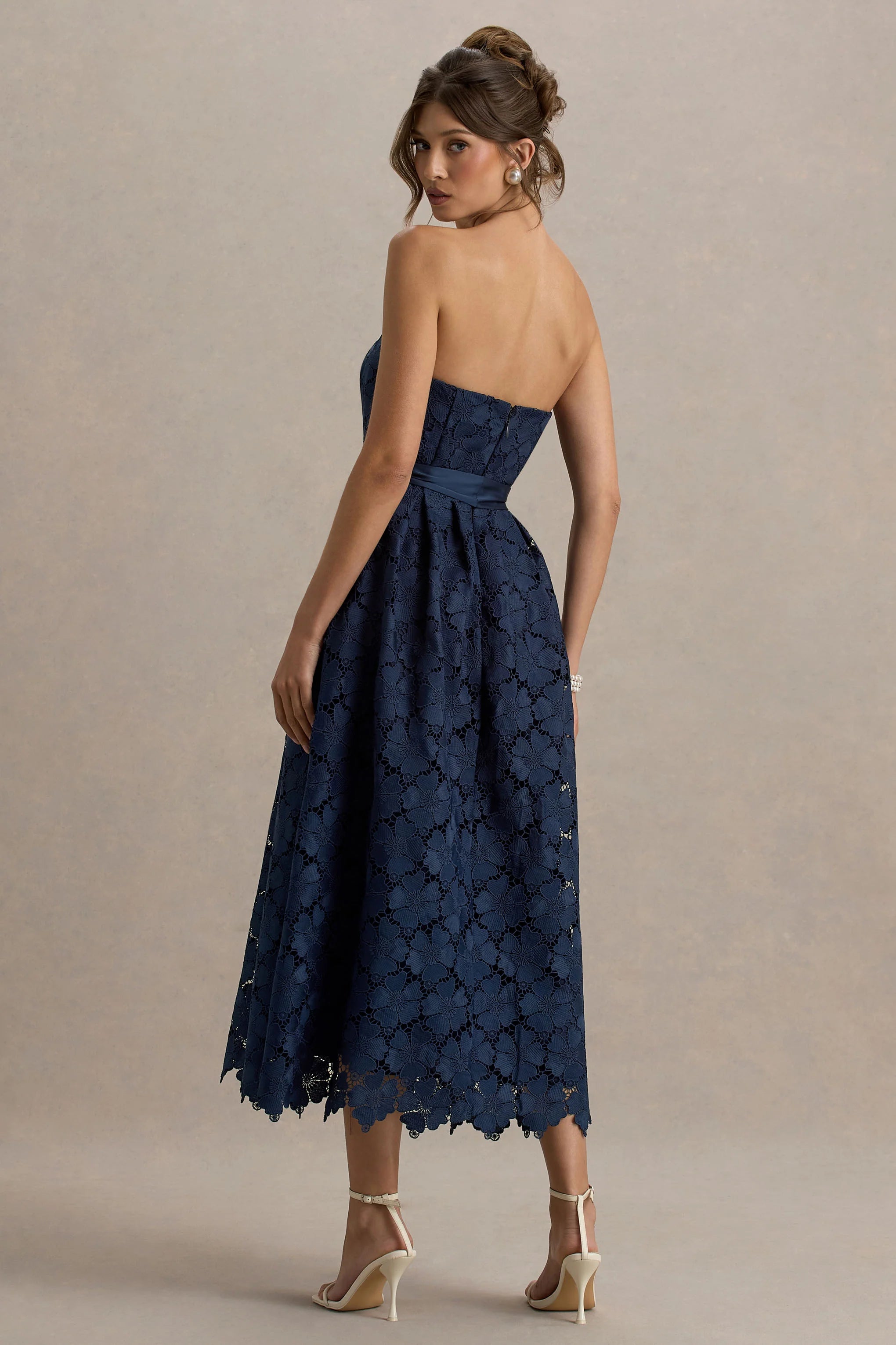 Shania | Navy Lace Bandeau Skater Midi Dress