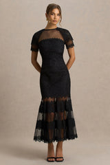 Leanne | Black Mesh And Lace Crew-Neck Fishtail Midi Dress