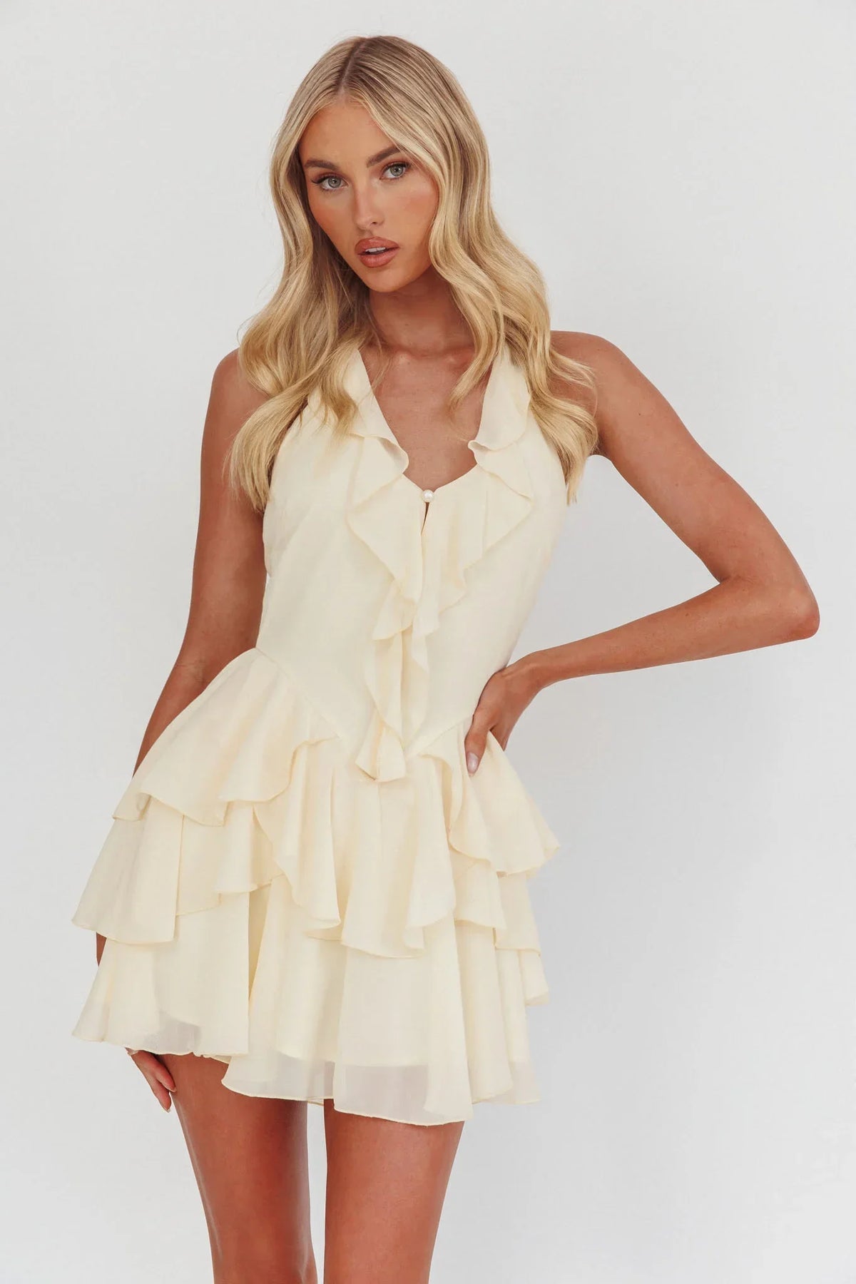 Live Loud Ruffle Layered Hem Mini Dress Cream