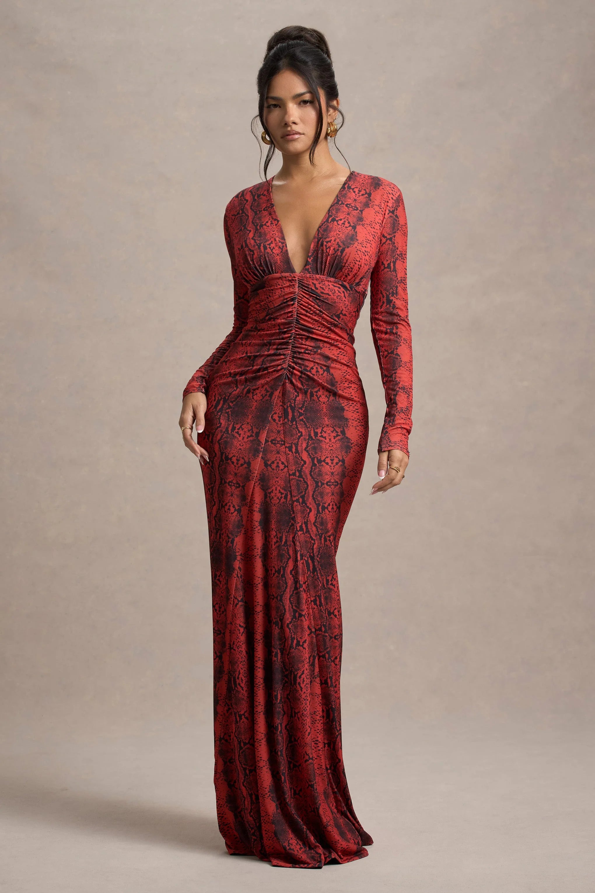 Mamba | Red Snake Print Plunge-Neck Long-Sleeve Maxi Dress