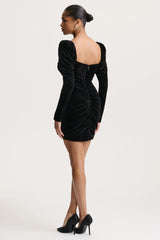 Kiss Of Midnight | Black Velvet Puff-Sleeve Mini Dress With Bow