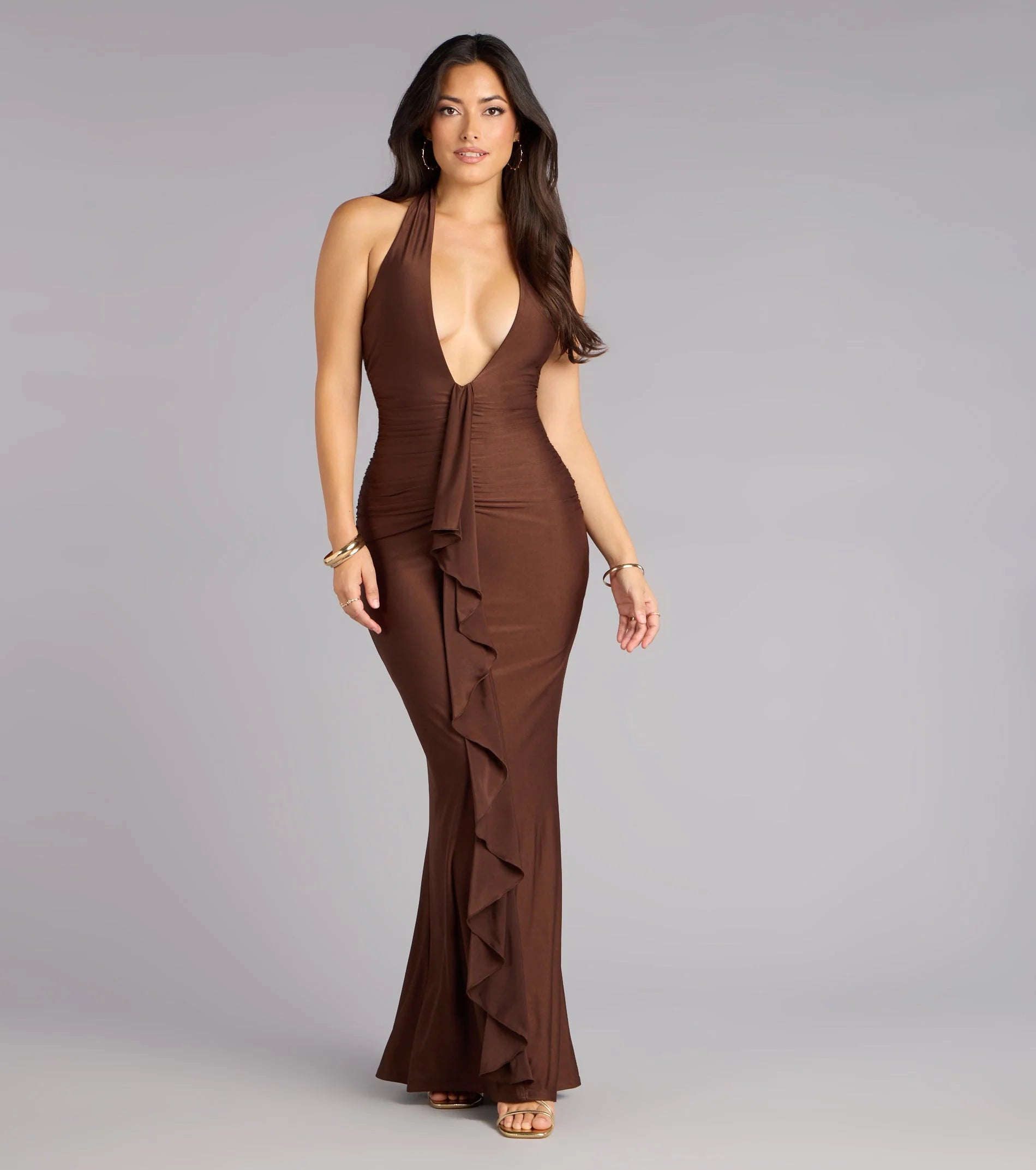 Night Whisper Plunge Ruffle Maxi Dress