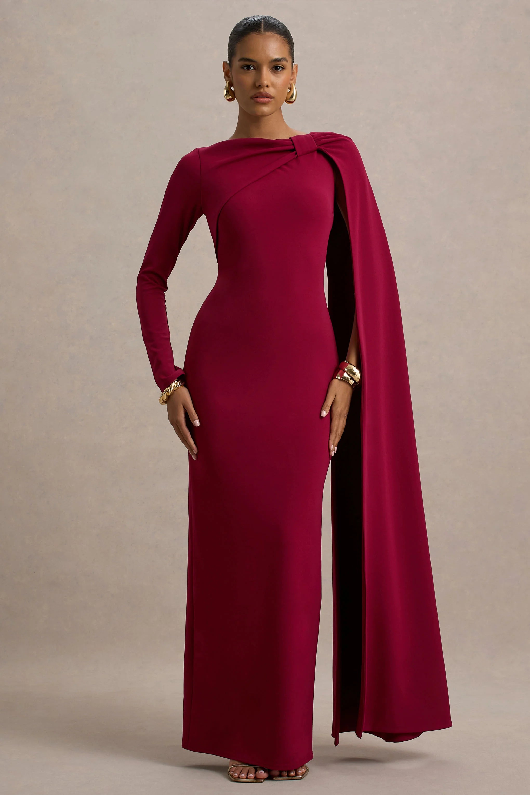 Frances | Burgundy High-Neck Maxi Dress With Cape Detail