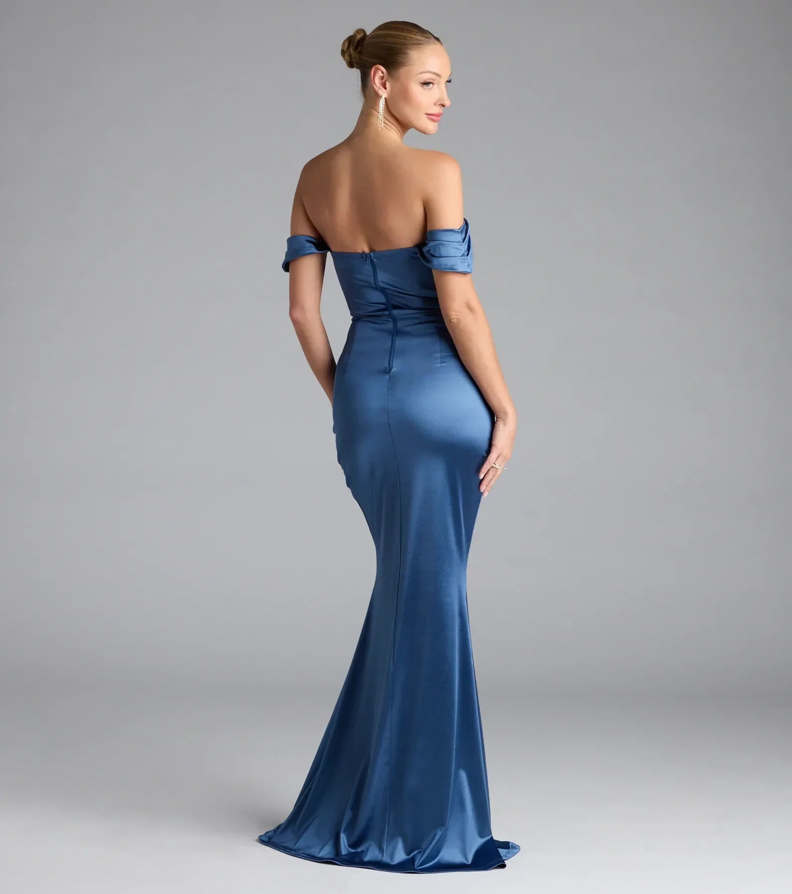 Belinda Off-The-Shoulder Slit Satin Formal Dress