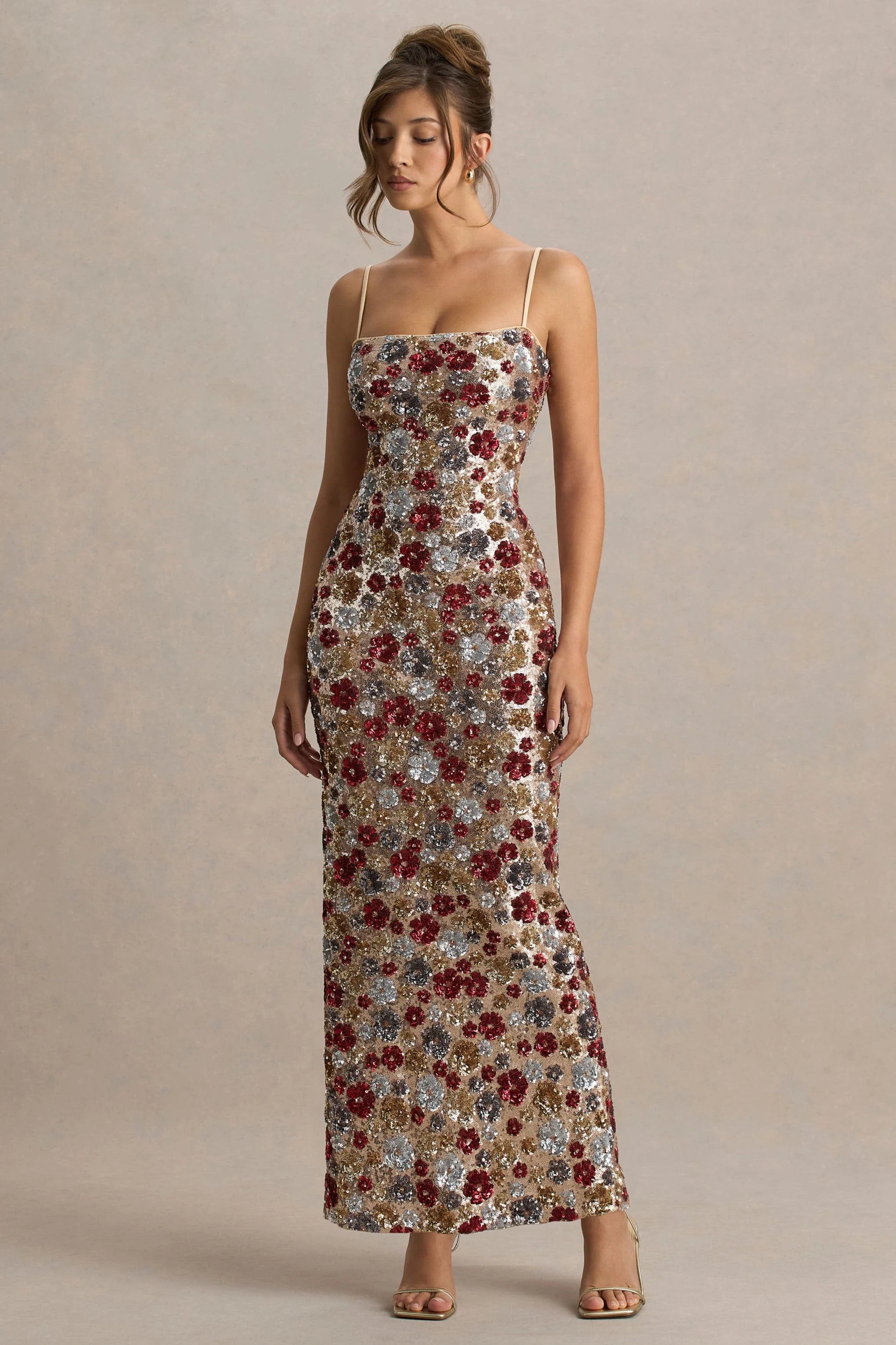 Vitora | Red Floral Embellished Sequin Square-Neck Maxi Dress
