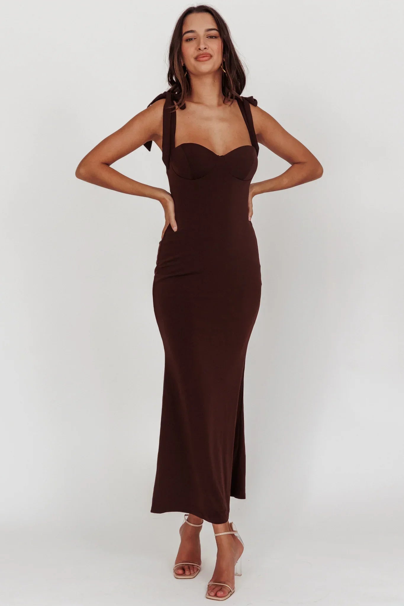 Rose Garden Tied Shoulder Maxi Dress Brown