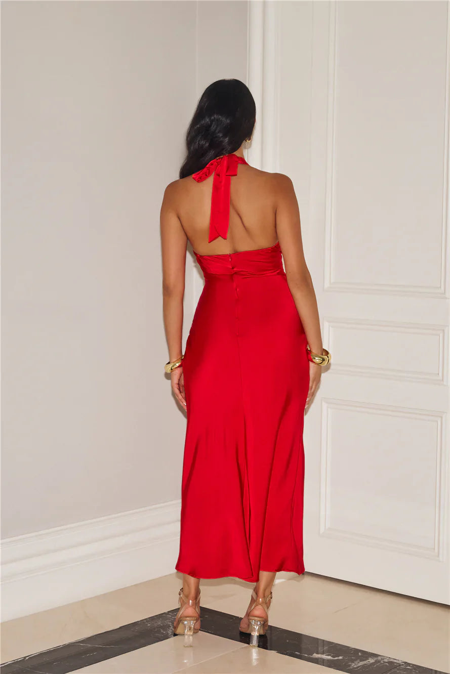 Gold Romance Halter Satin Maxi Dress