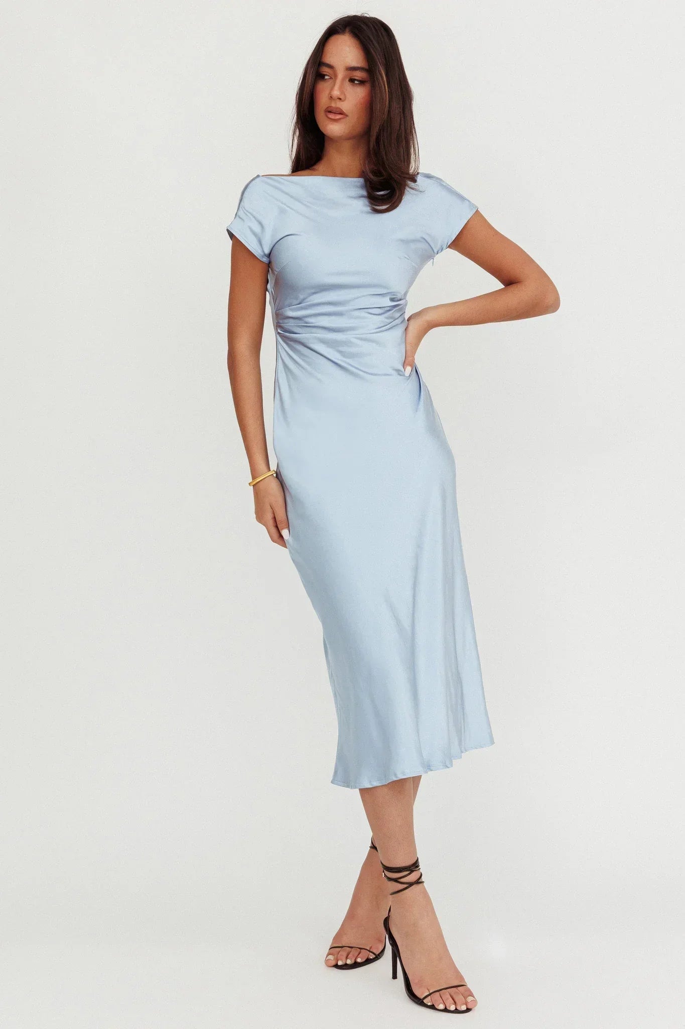Loveland Cap Sleeve Cowl Back Midi Dress Baby Blue