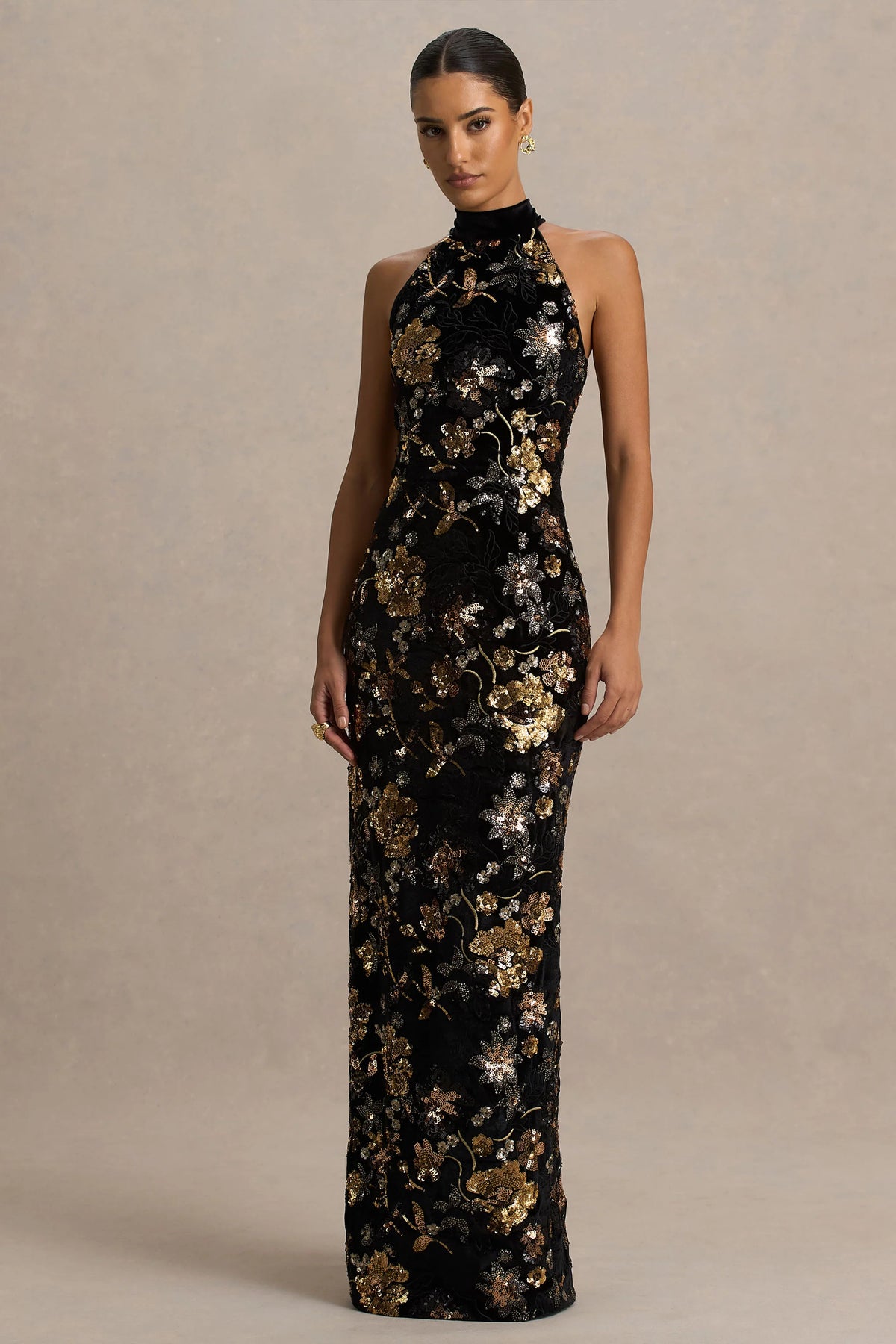 Tate | Black Velvet Halter-Neck Maxi Dress With Bronze Floral Sequin Embellishments
