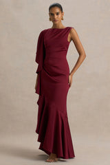 Rosy | Burgundy Satin Boat-Neck Maxi Dress With Front Split And Ruffled Detailing