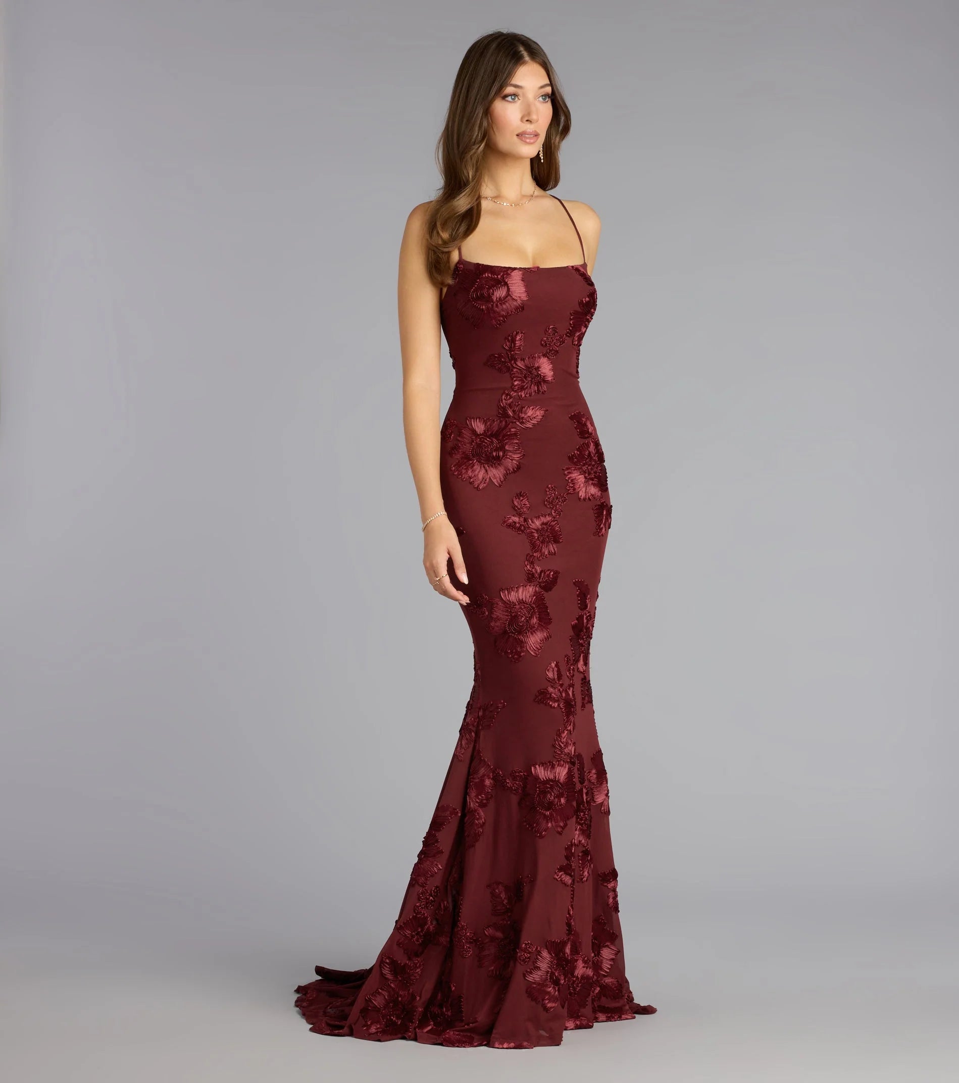 Gabi Lace-Up Floral Trim Mermaid Formal Dress