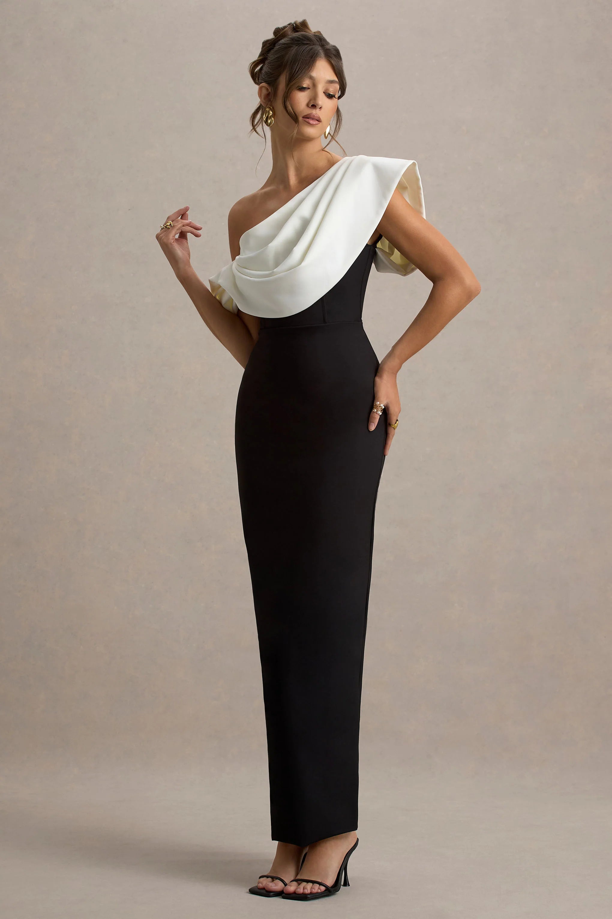 Angelina | Black & White Draped Shoulder Maxi Dress