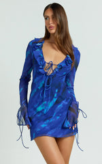 Alesya Mini Dress Ruffle Plunge Neck Long Sleeve Tie Detail Dress in Blue Abstract