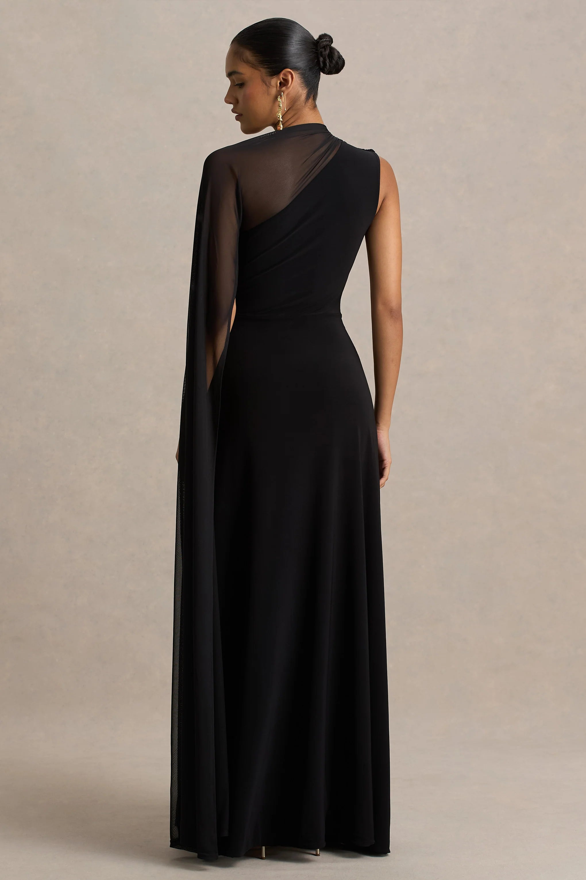 Selena | Black High-Neck Maxi Dress With Cut-Out And Cape Sleeve Detail