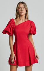 Harlow Mini Dress - Asymmetric Puff Sleeve Flare Dress in Red