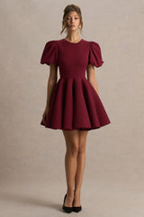 Emelia | Burgundy Puff-Sleeve Skater Mini Dress
