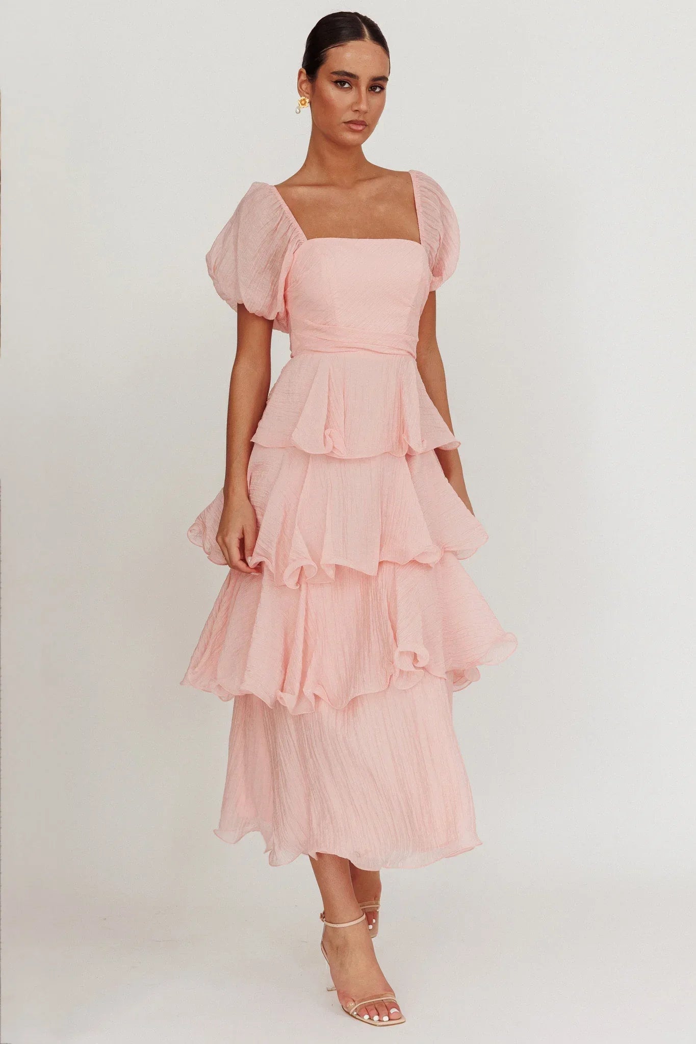 Giavana Puff Sleeve Layered Maxi Dress Baby Pink