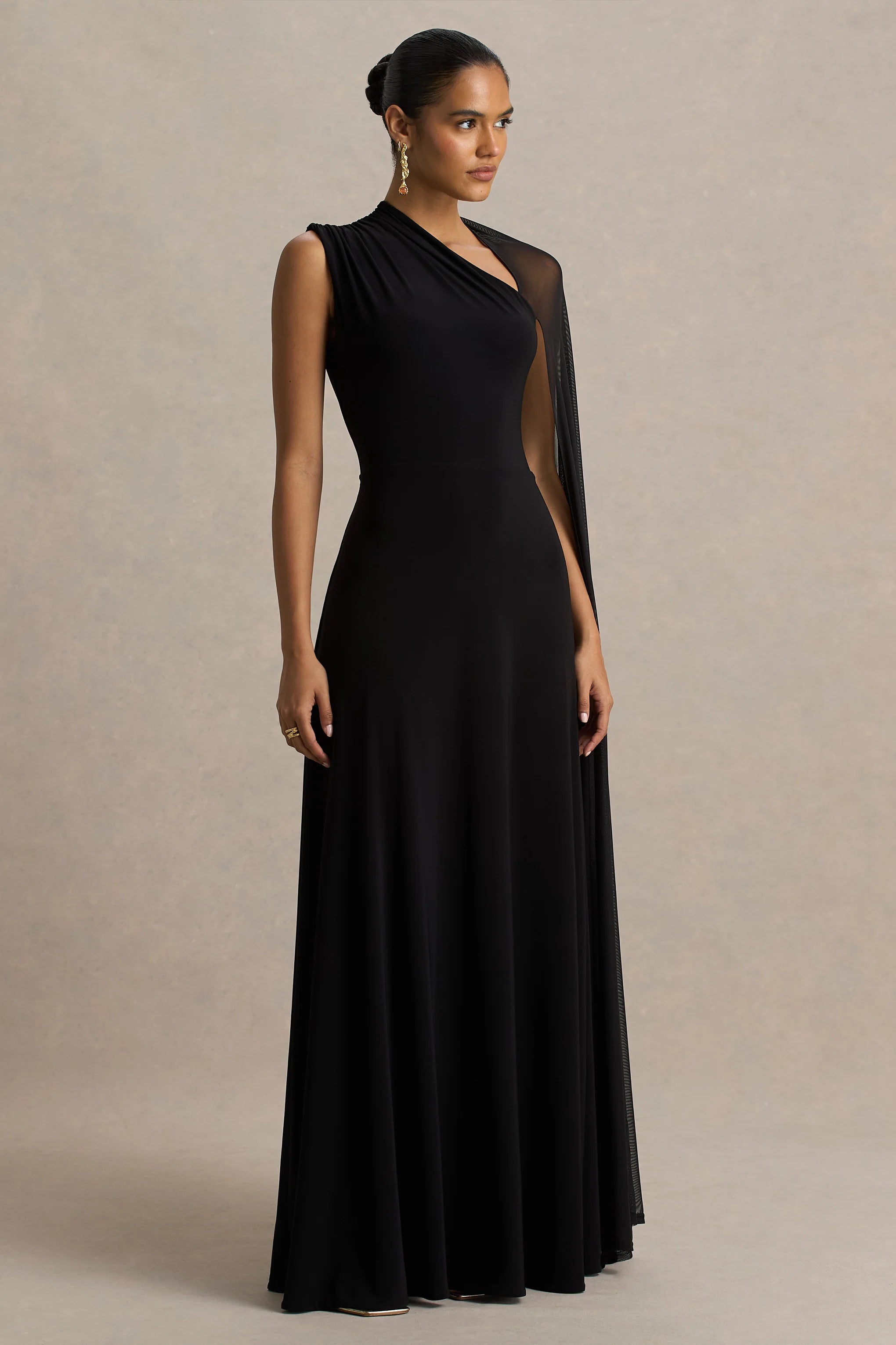 Selena | Black High-Neck Maxi Dress With Cut-Out And Cape Sleeve Detail
