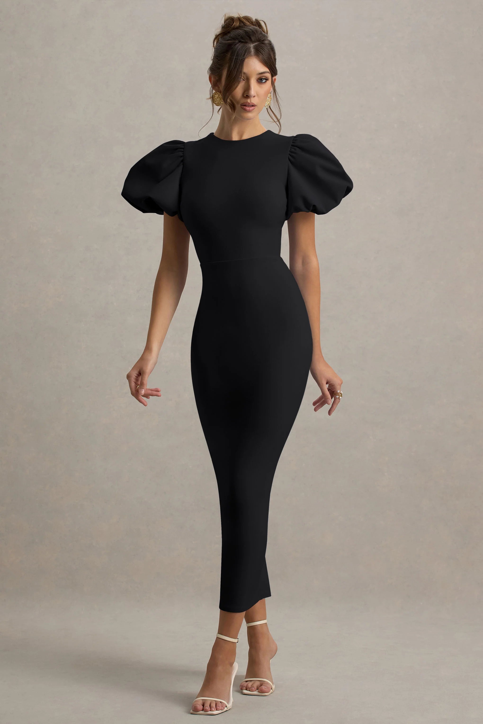 Dakota | Black Puff-Sleeve Midi Dress