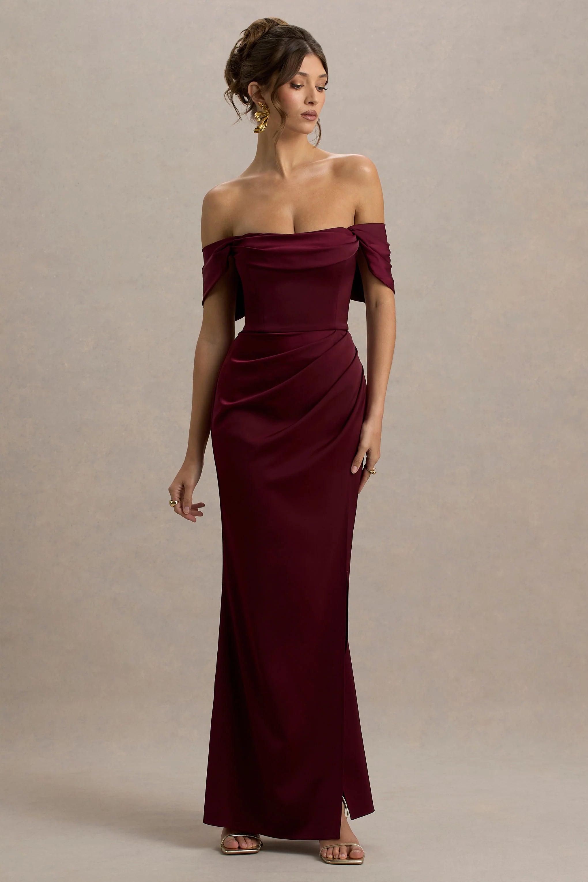 Annie | Burgundy Satin Bardot Maxi Dress With Split Wrap Skirt