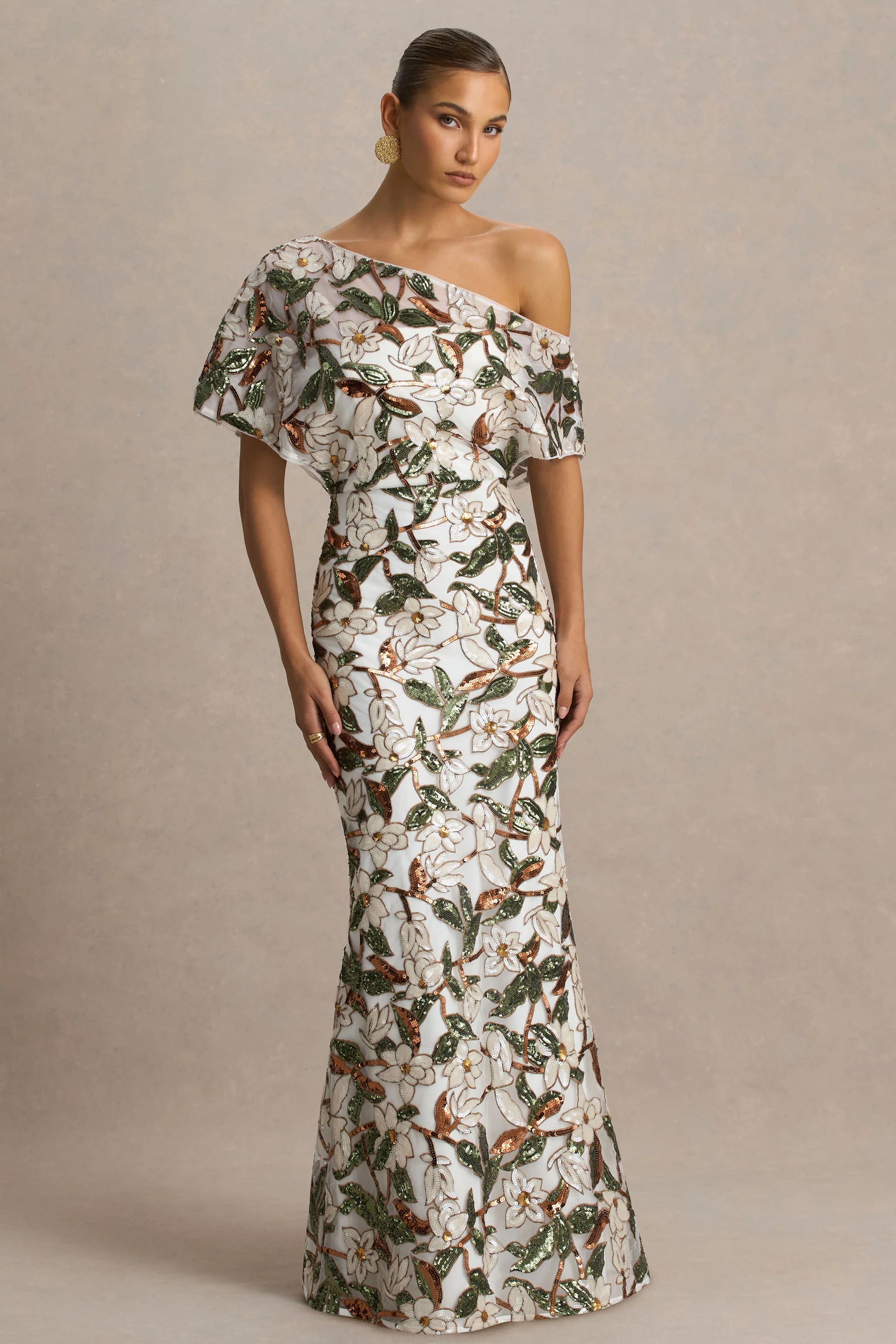 Iony | White And Green Embellished Sequin Floral And Mesh Asymmetric-Neck Maxi Dress