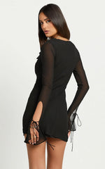 Alesya Mini Dress Ruffle Plunge Neck Long Sleeve Tie Detail Dress in Black