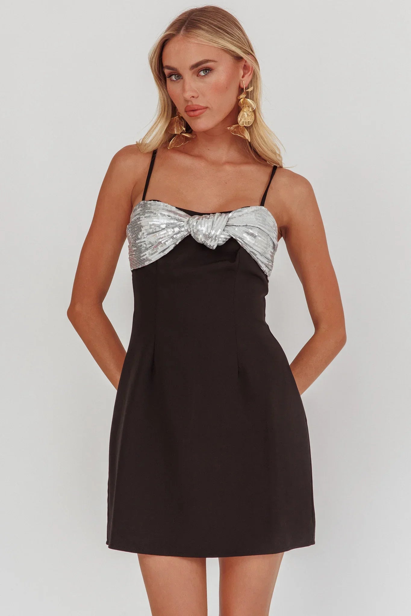 Sweet Caroline Sequin Twist Mini Dress Black/Silver
