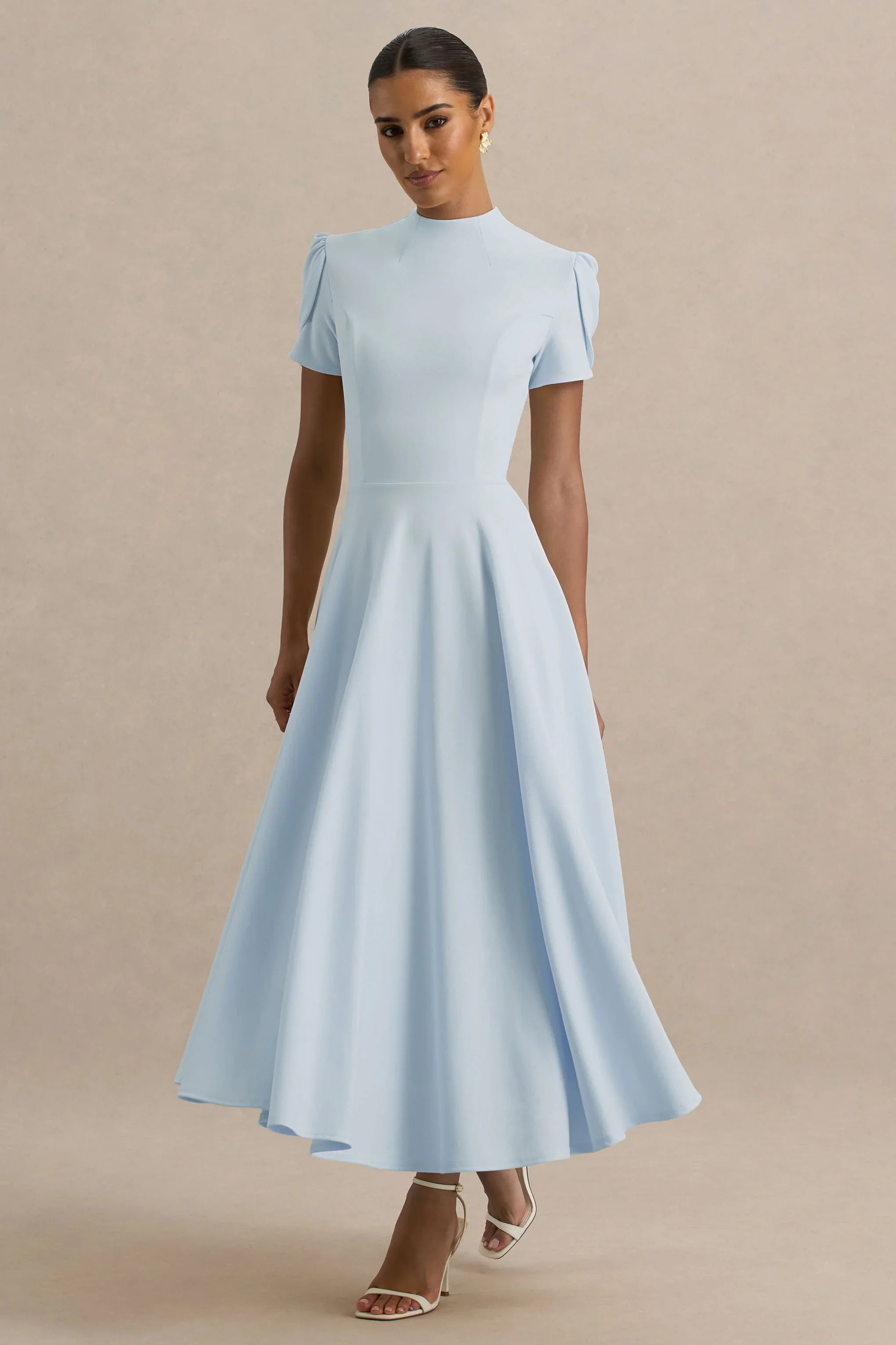 Vicky | Powder Blue High Neck Midi Dress With Puff Sleeves