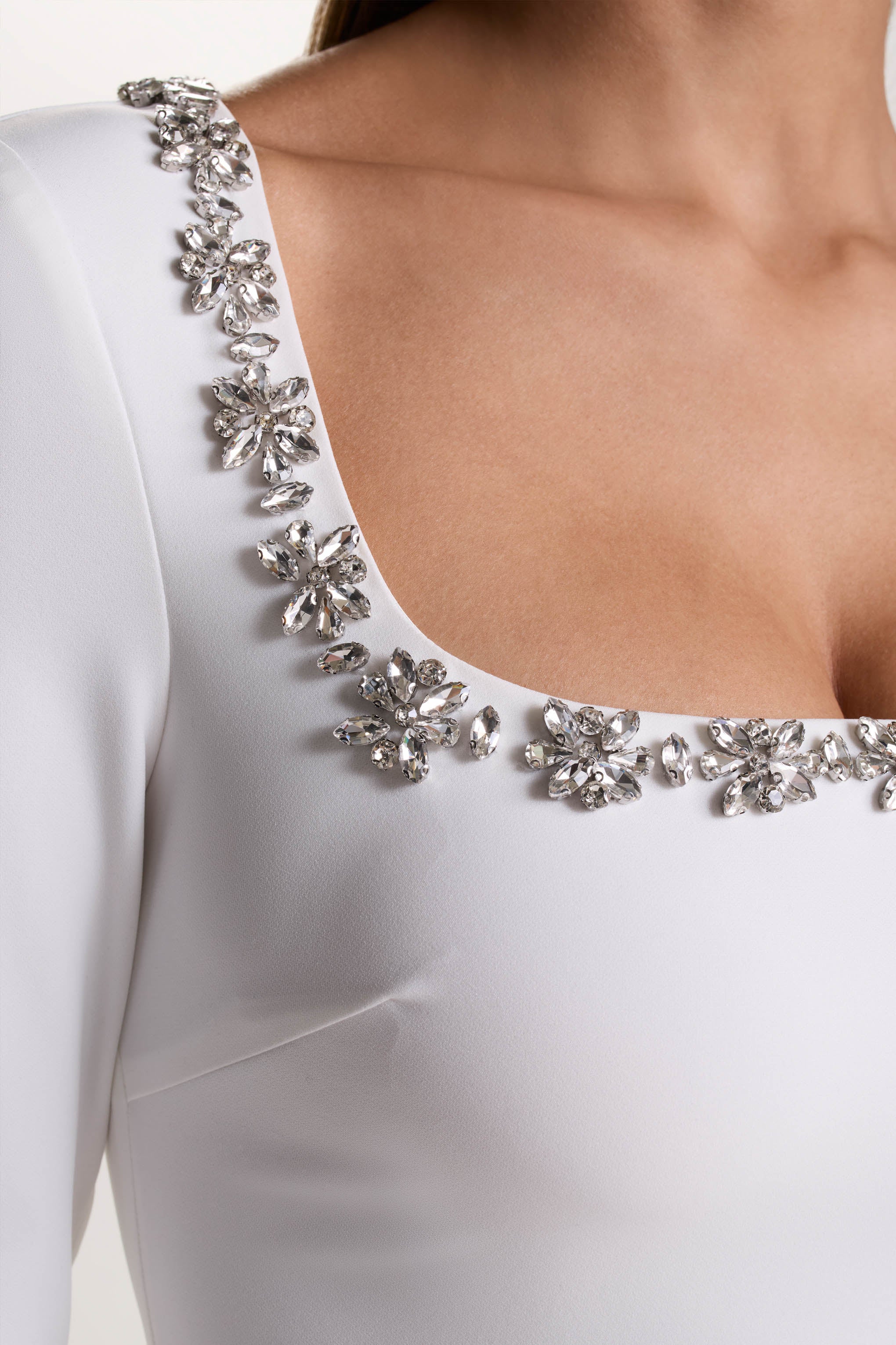 Astonish | White Long-Sleeve Embellished Square-Neck Mini Dress With Volume Skirt
