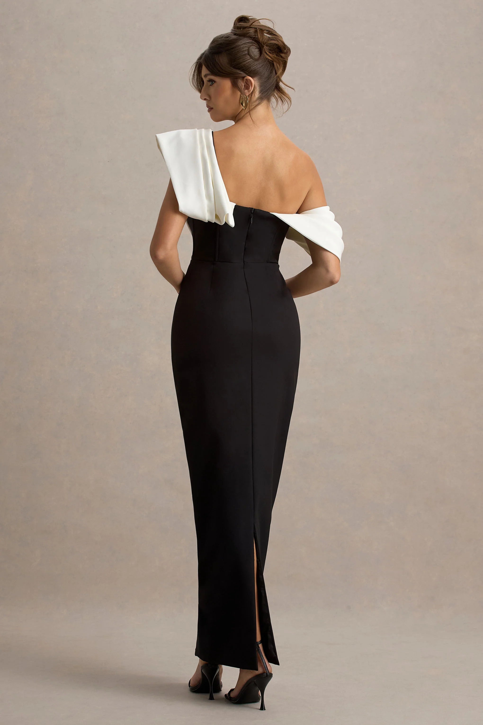 Angelina | Black & White Draped Shoulder Maxi Dress