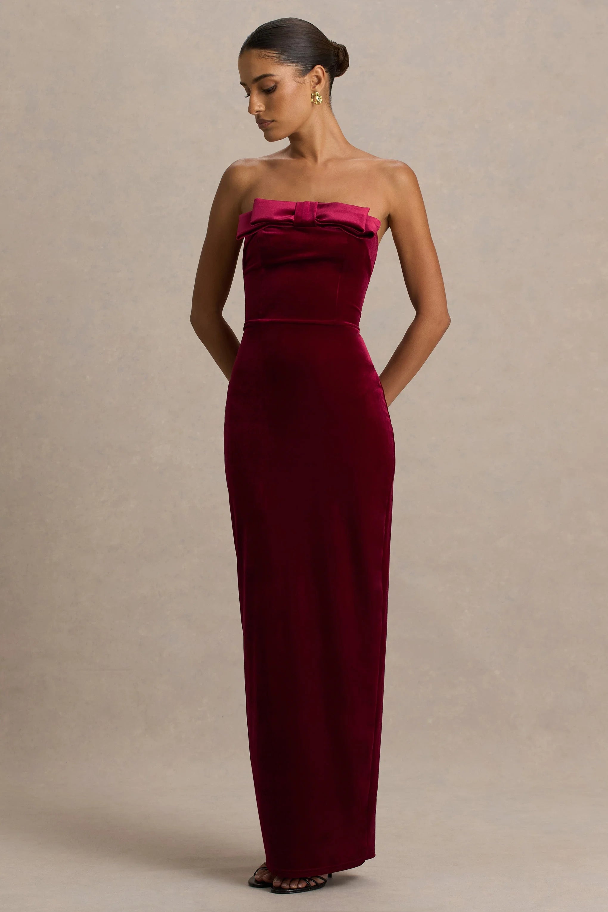 Illusion | Burgundy Velvet Bandeau Maxi Dress With Bow Detail