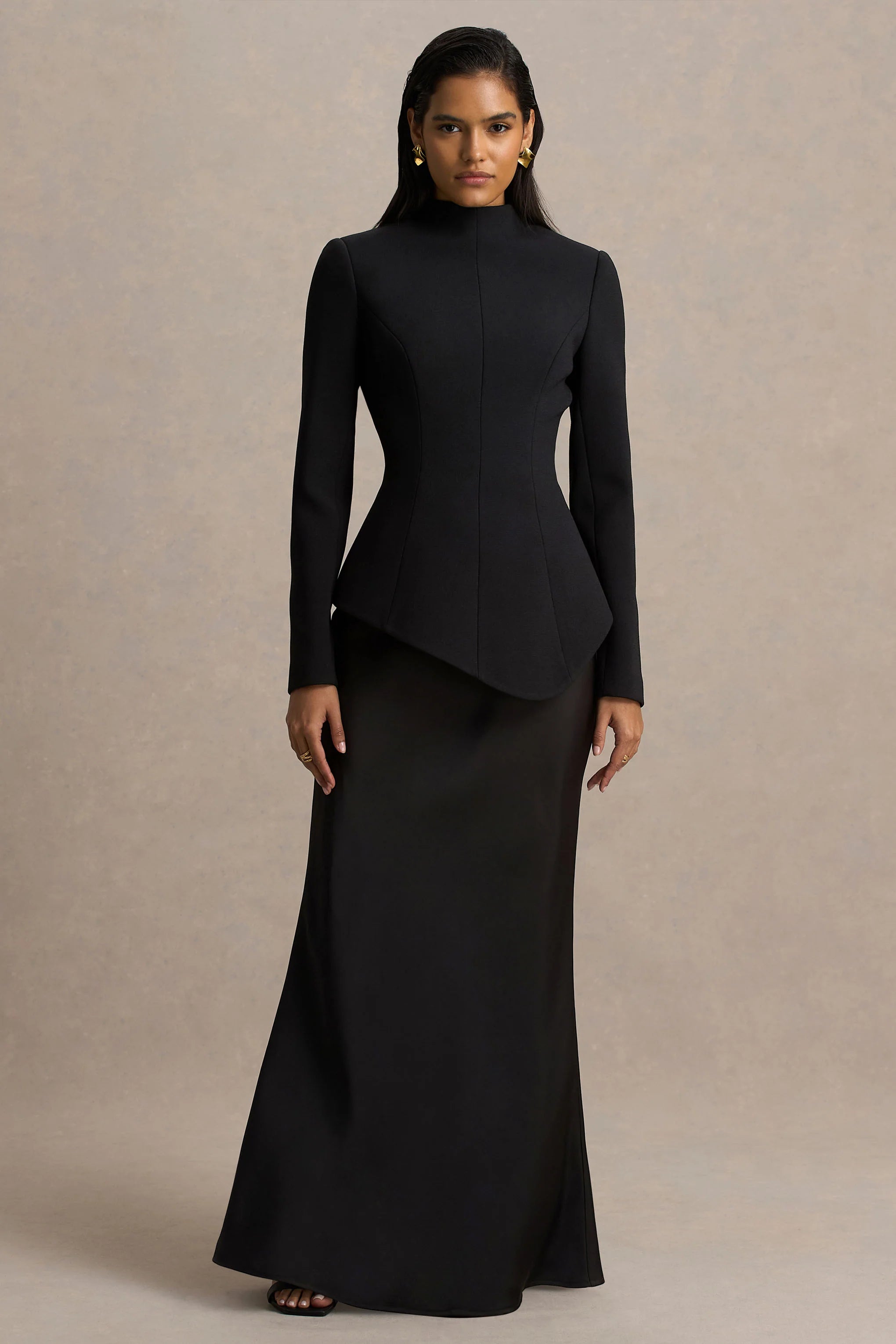 Pepita | Black High-Neck Tailored Maxi Dress With Drop-Waist And Satin Skirt