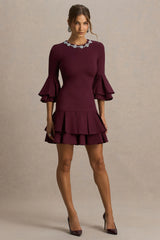 Mirna | Burgundy Crew-Neck Mini Dress With Bell Sleeves And Ruffled Detailing