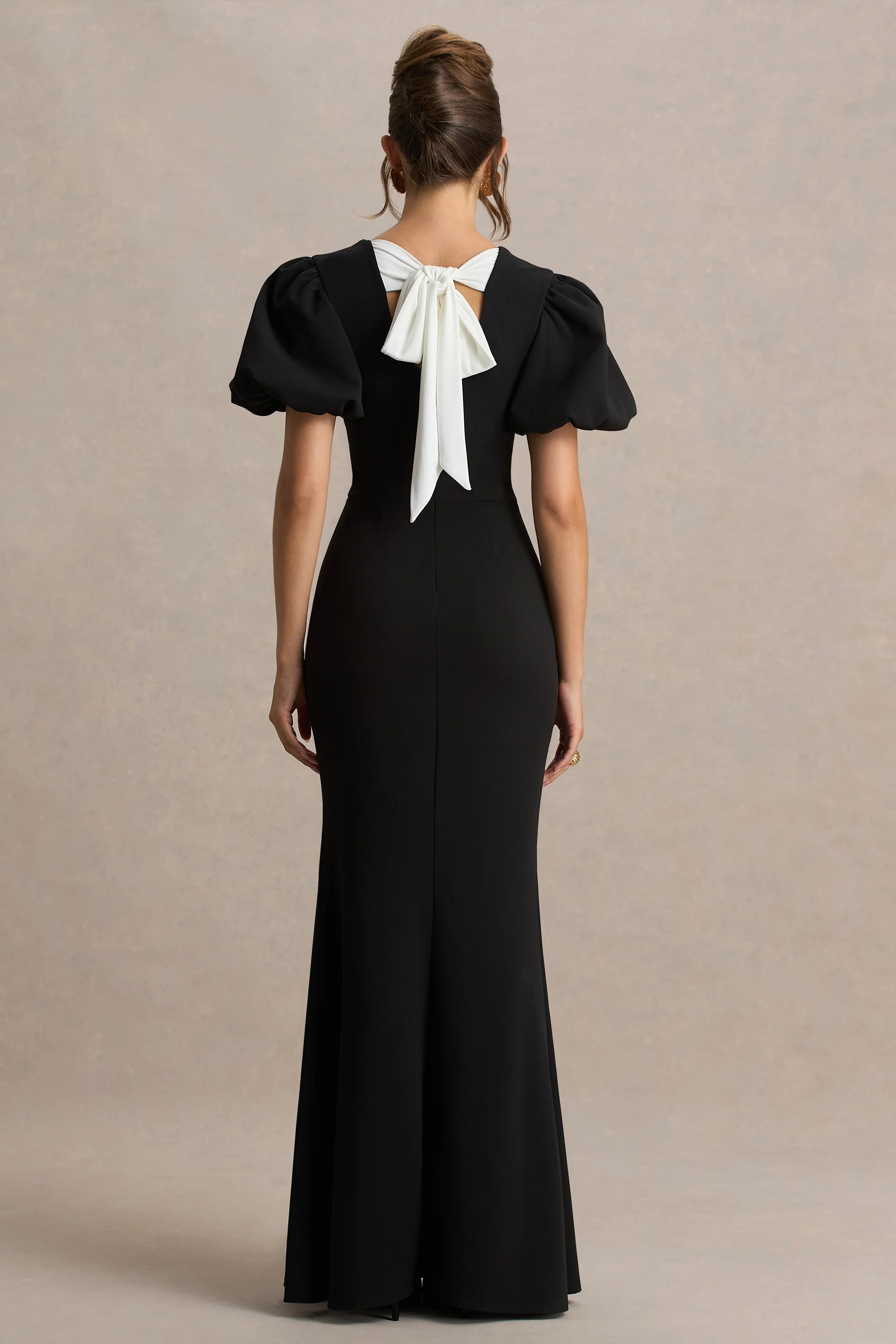 Carolina | Black Puff-Sleeve Maxi Dress With White Bow Detail