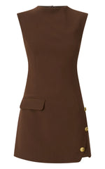 Langley Mini Dress Sleeveless High Neck Faux Wrap Tulip Dress in Brown