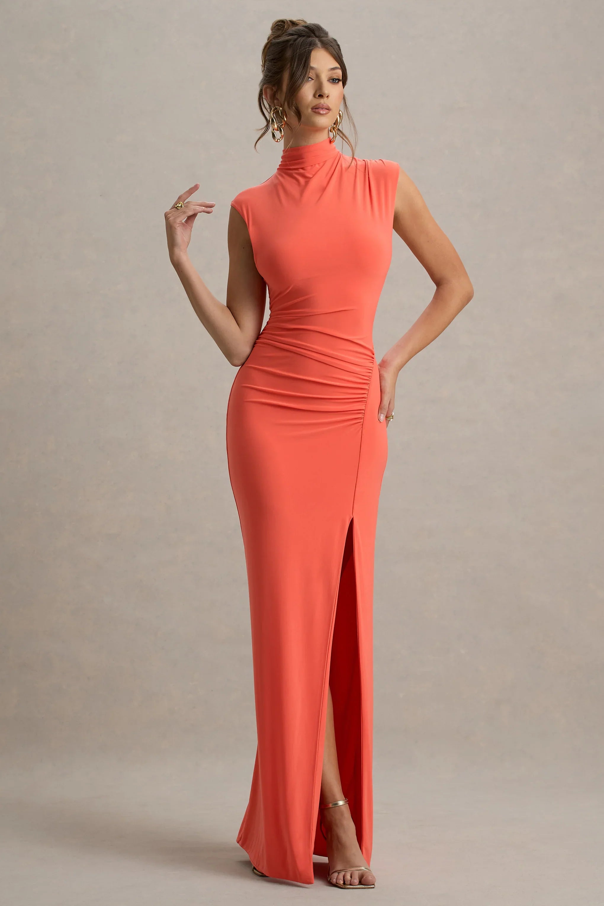 Lanetta | Coral Ruched High-Neck Maxi Dress With Split