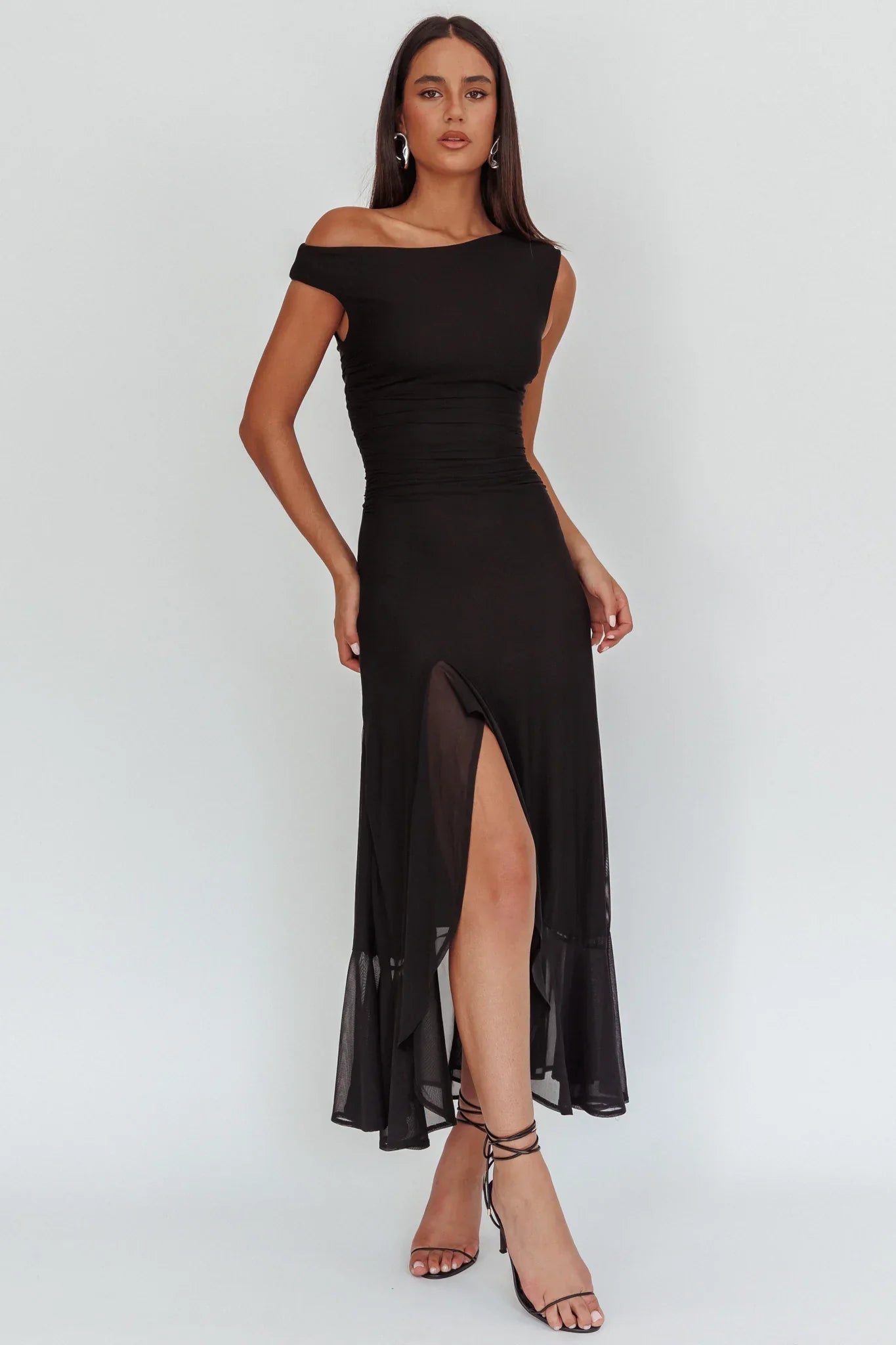Moonlit Magic Asymmetric Neckline Maxi Dress Black