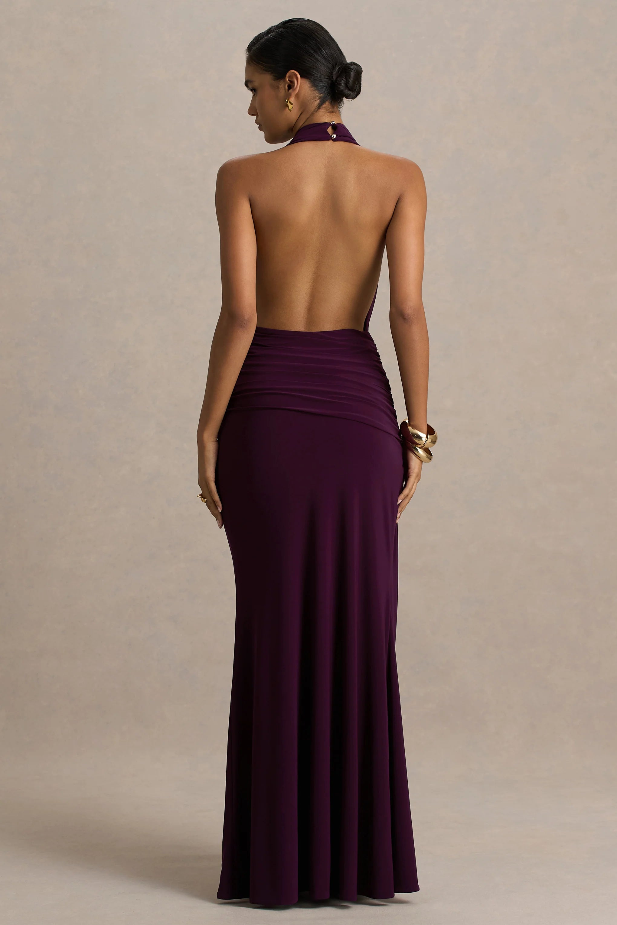 Tilly | Burgundy Extreme Plunge-Neck Maxi Dress With Wrap And Ruched Details