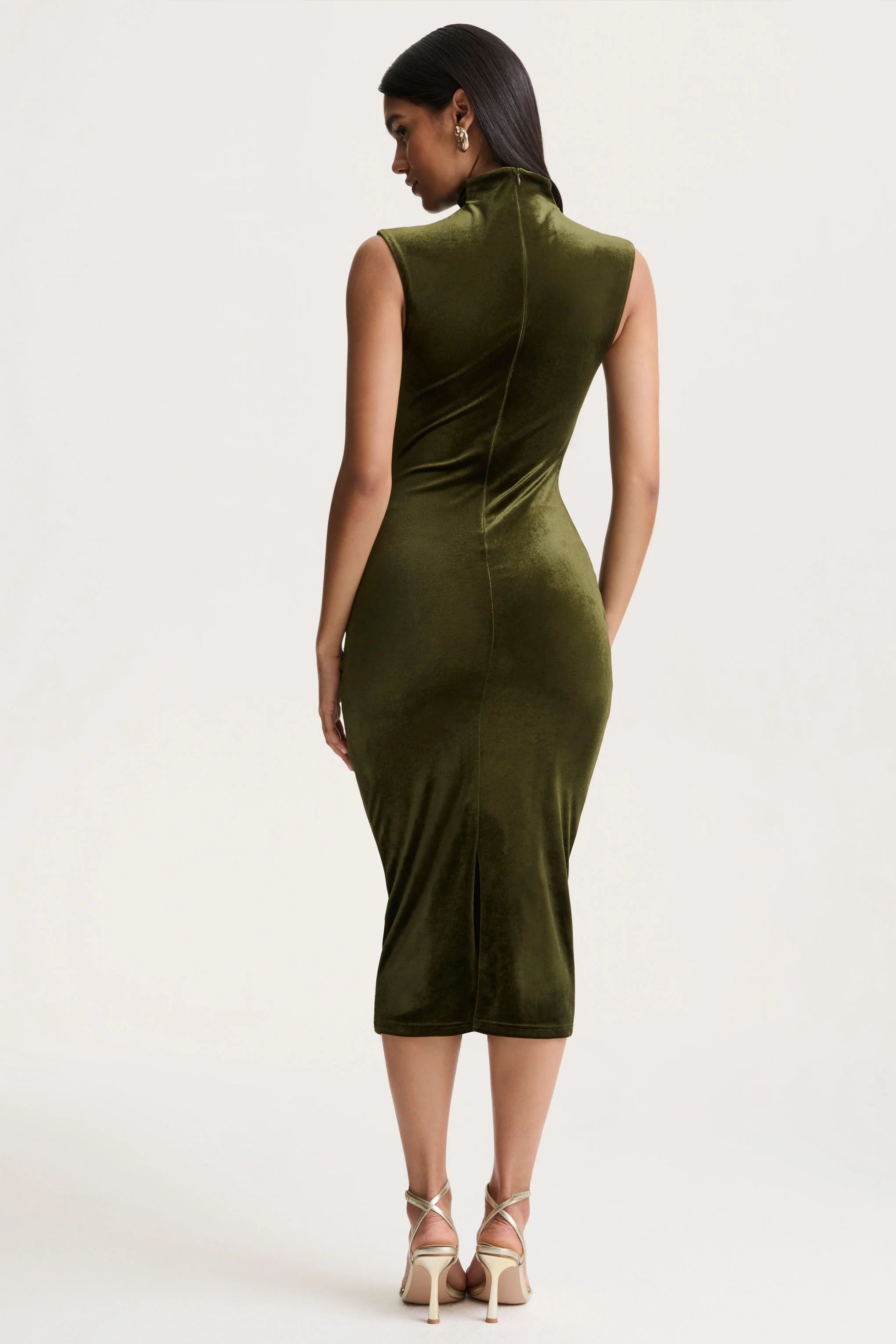 Novine | Olive Velvet High-Neck Midi Dress