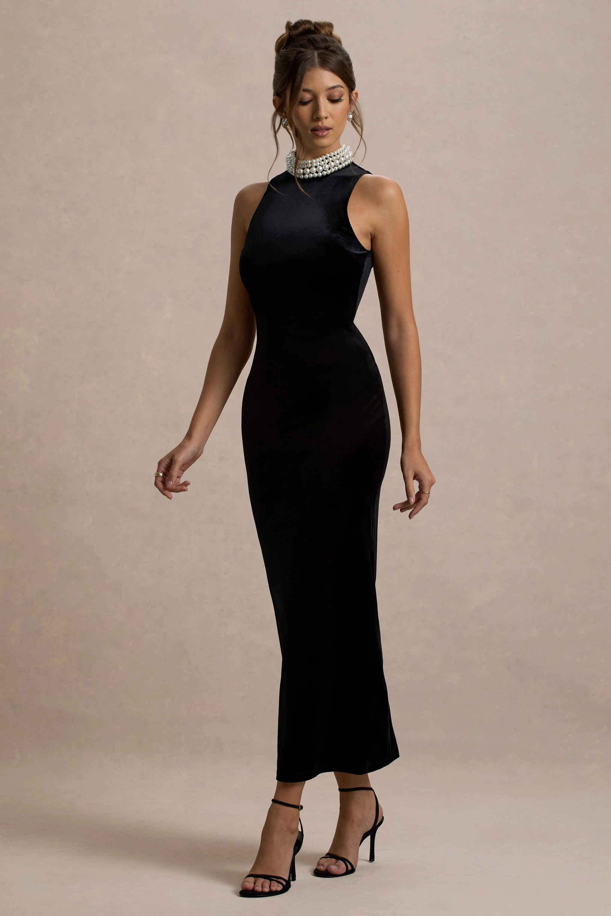 Audrine | Black Velvet Embellished High-Neck Maxi Dress