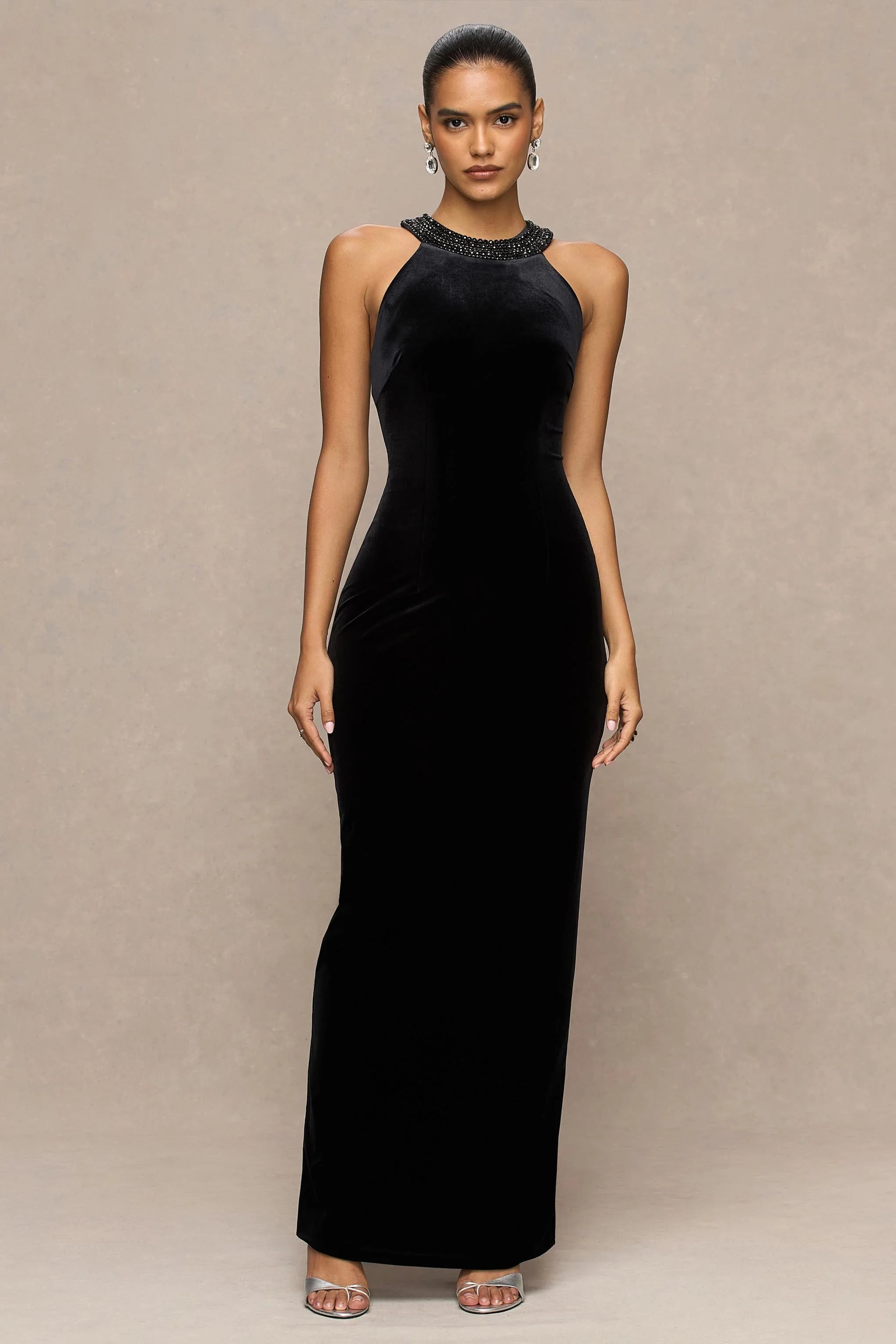 Darya | Black Velvet Embellished High-Neck Maxi Dress